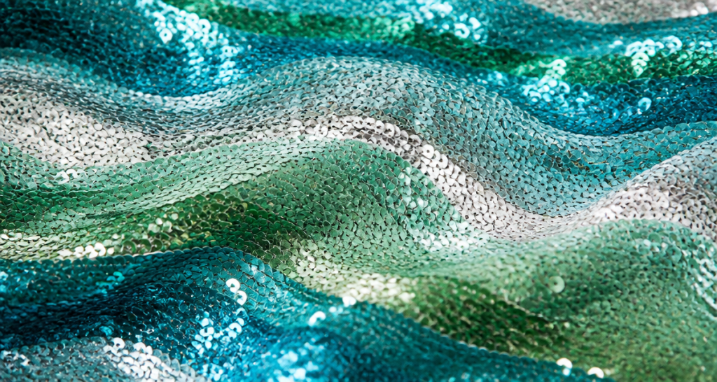 Shimmering recycled sequin fabric with water and nature wave color bands