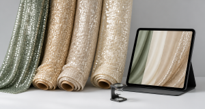 Recycled sequin fabric rolls in sage, sand and champagne beside a tablet and inspection loupe for sustainable sourcing
