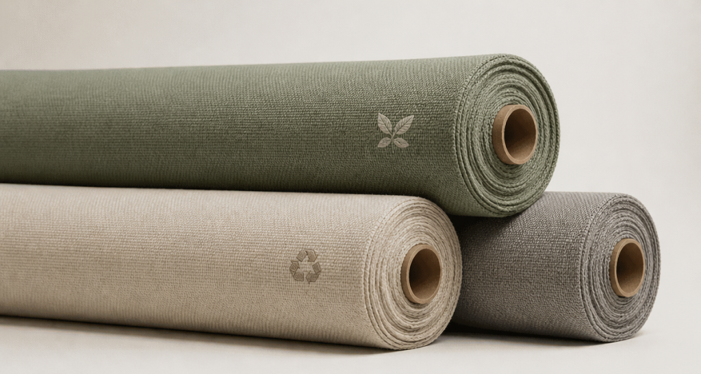 Stacked rolls of sustainable rPET home textile fabric in sage green, cream and grey with recycling symbols