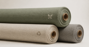Stacked rolls of sustainable rPET home textile fabric in sage green, cream and grey with recycling symbols