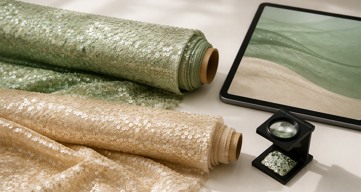 Recycled sequin fabric rolls beside a tablet showing digital textile sampling