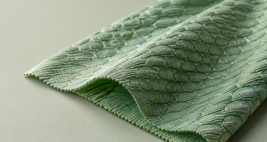 Recycled polyester fabric with sculptural 3D texture in eco-green with soft shimmer