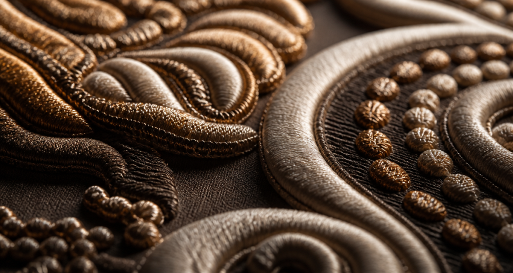 Sculptural 3D embroidery detail with dramatic shadows creating depth