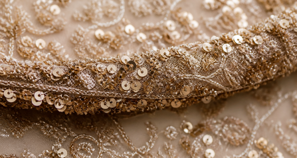 Extreme close-up of a couture hemline with dense layered sequin and embroidery texture