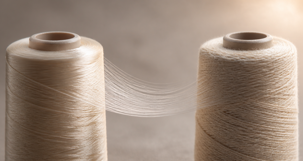 Macro view of a glossy polyester thread spool and a matte cotton spool with fine strands arcing between them