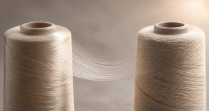Macro view of a glossy polyester thread spool and a matte cotton spool with fine strands arcing between them