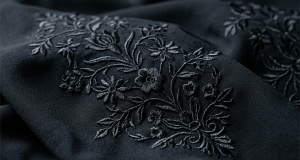 Draped matte true-black abaya fabric with delicate black-on-black tonal floral embroidery