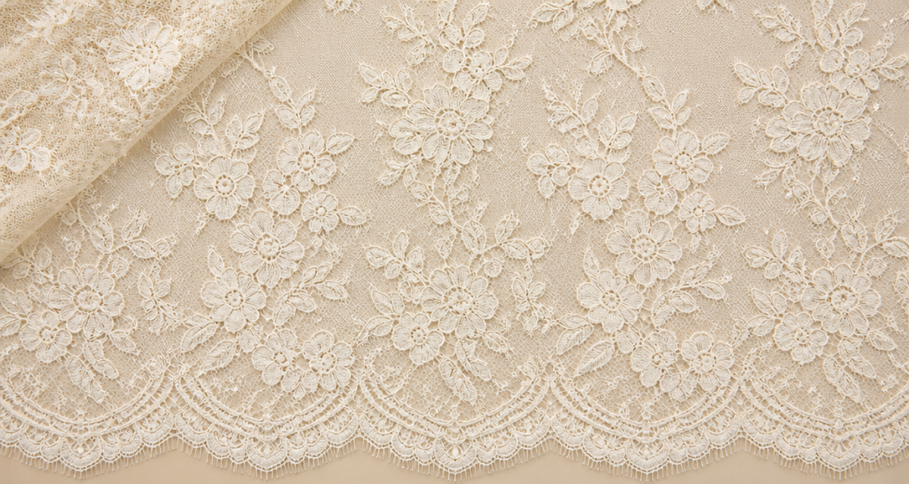 Embroidered tulle net lace with scalloped eyelash edge in ivory and champagne tones