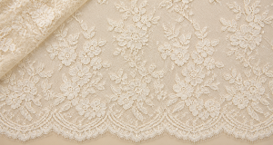 Embroidered tulle net lace with scalloped eyelash edge in ivory and champagne tones