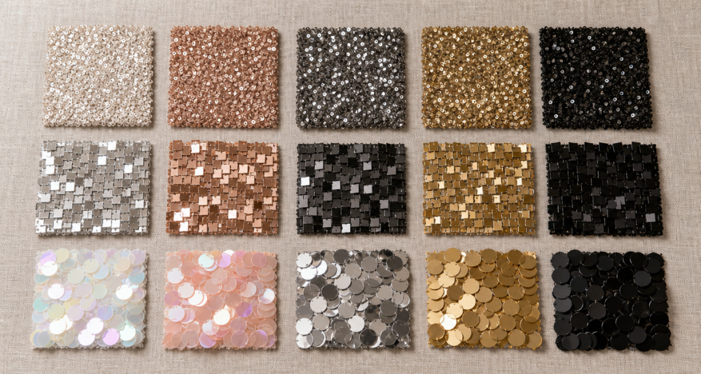 Flat-lay grid of fifteen sequin fabric swatch cards covering round, square and paillette sequin types across iridescent, rose gold, silver, gold and black colorways on neutral linen