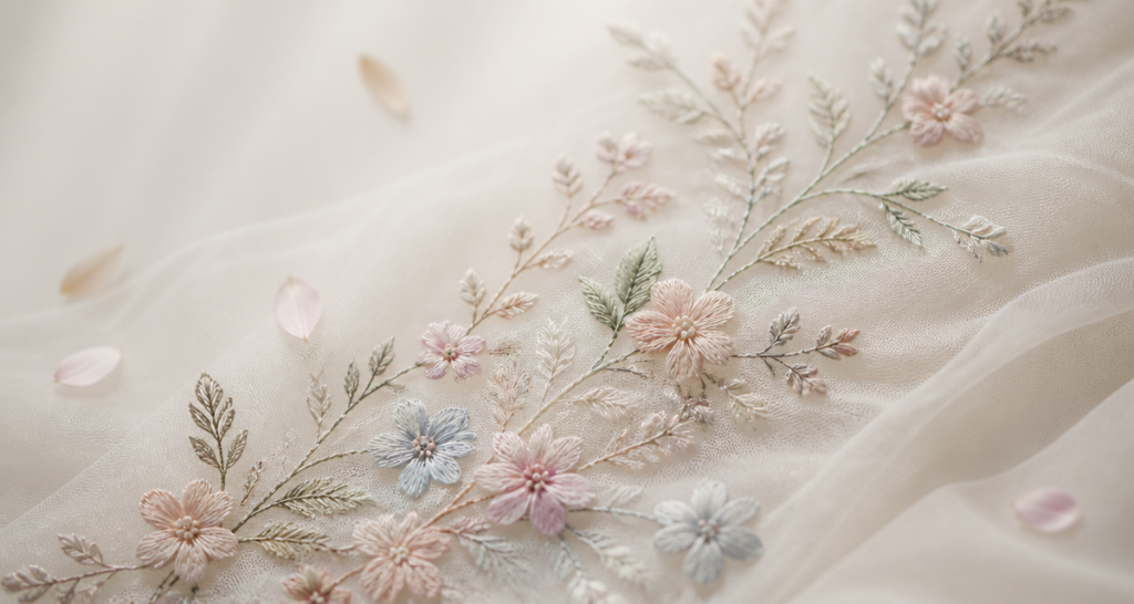 Ultra-soft sheer mesh fabric with delicate floral embroidery for lingerie