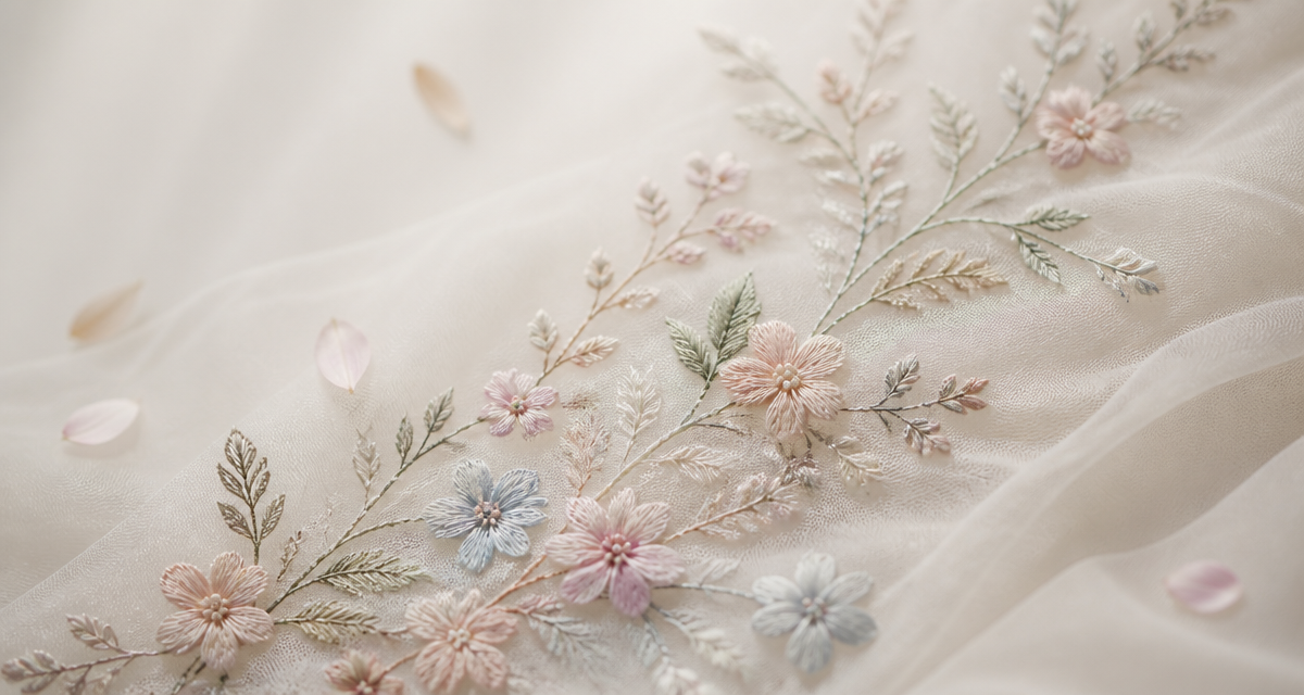 Ultra-soft sheer mesh fabric with delicate floral embroidery used as a smooth lining layer inside a garment