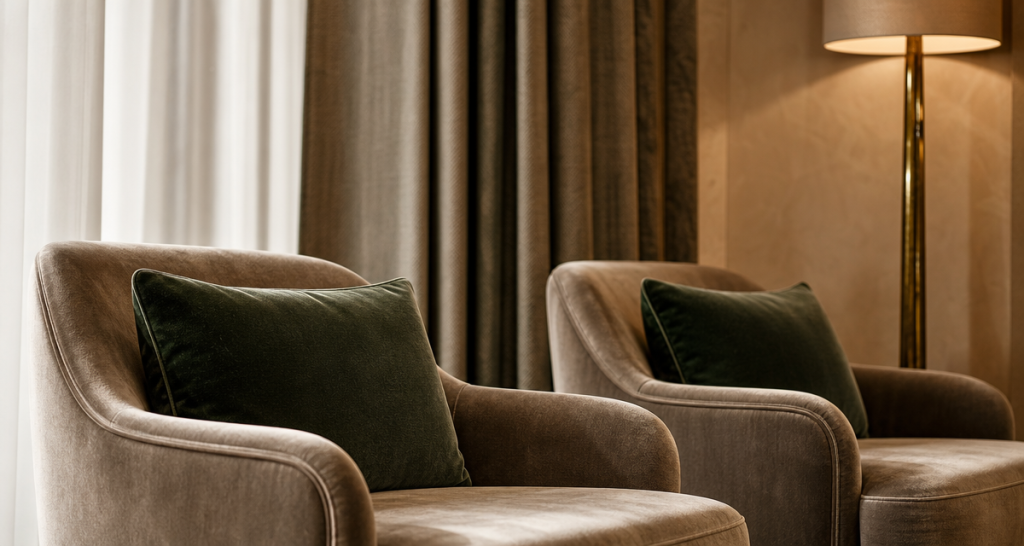 Plush taupe and deep green upholstered armchairs in an elegant hotel lobby for hospitality fabric sourcing