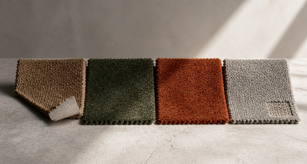 Row of upholstery fabric swatches in oak, forest green, rust and dove grey for supplier comparison