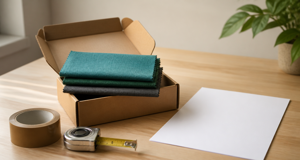 A small brown cardboard mailer box holding three pinking-edged fabric swatches in teal, forest green and charcoal, beside a roll of packing tape, a silver measuring tape and a completely blank white sheet of paper on a light wooden table, soft window light