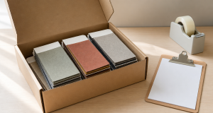 An open brown parcel box with stacked fabric swatch cards in muted green, terracotta and grey, a wooden clipboard with blank paper and a grey tape dispenser on a light wooden desk