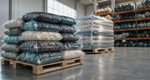 Stacked vacuum-sealed clear plastic packs of patterned decorative textile cushions in teal, cream and charcoal on a wooden pallet in a bright export warehouse, a shrink-wrapped pallet and tall racks of fabric rolls behind, polished concrete floor