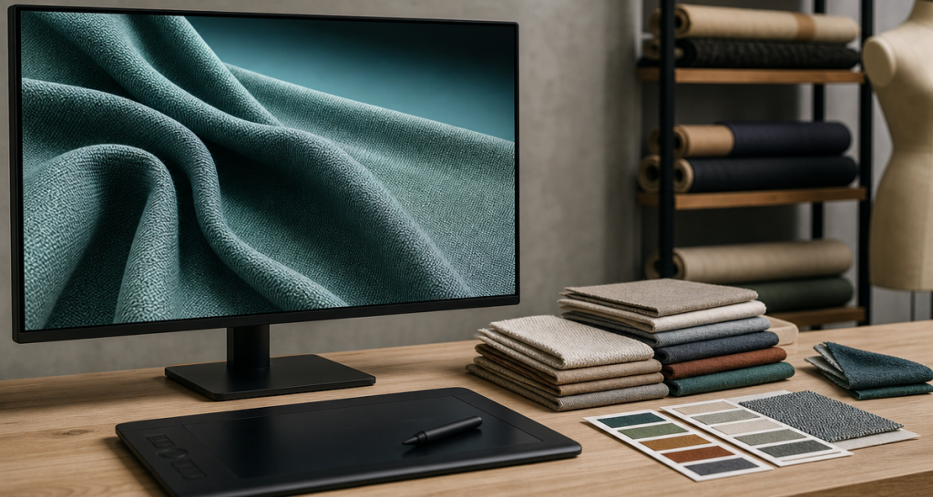 A computer monitor showing a teal textured fabric on a wooden desk with a black graphics tablet and fabric swatches in a neutral design studio