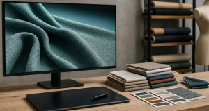 A computer monitor showing a teal textured fabric on a wooden desk with a black graphics tablet and fabric swatches in a neutral design studio