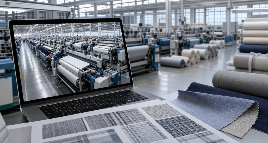 A laptop displaying a textile manufacturing line on a desk beside fabric swatches inside a modern industrial factory with blue and gray tones