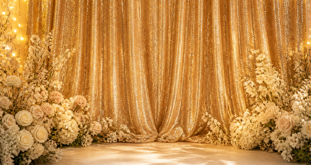 Champagne-gold sequin wedding backdrop fabric with soft gathered folds, white florals and warm string-light bokeh for event decorators