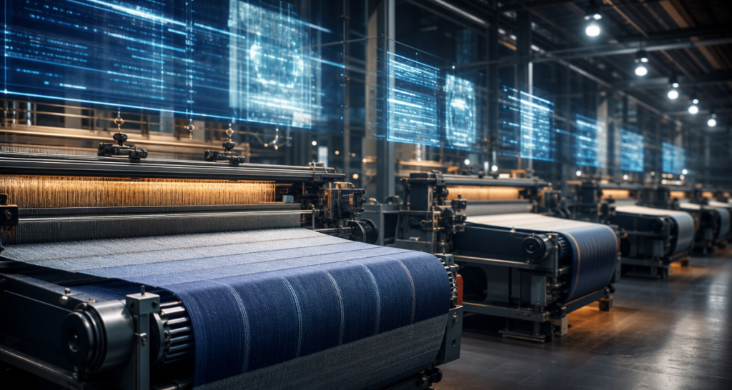 Automated industrial looms weaving blue striped fabric in a dimly lit factory with metallic tones, warm internal lighting and glowing blue holographic data overlays