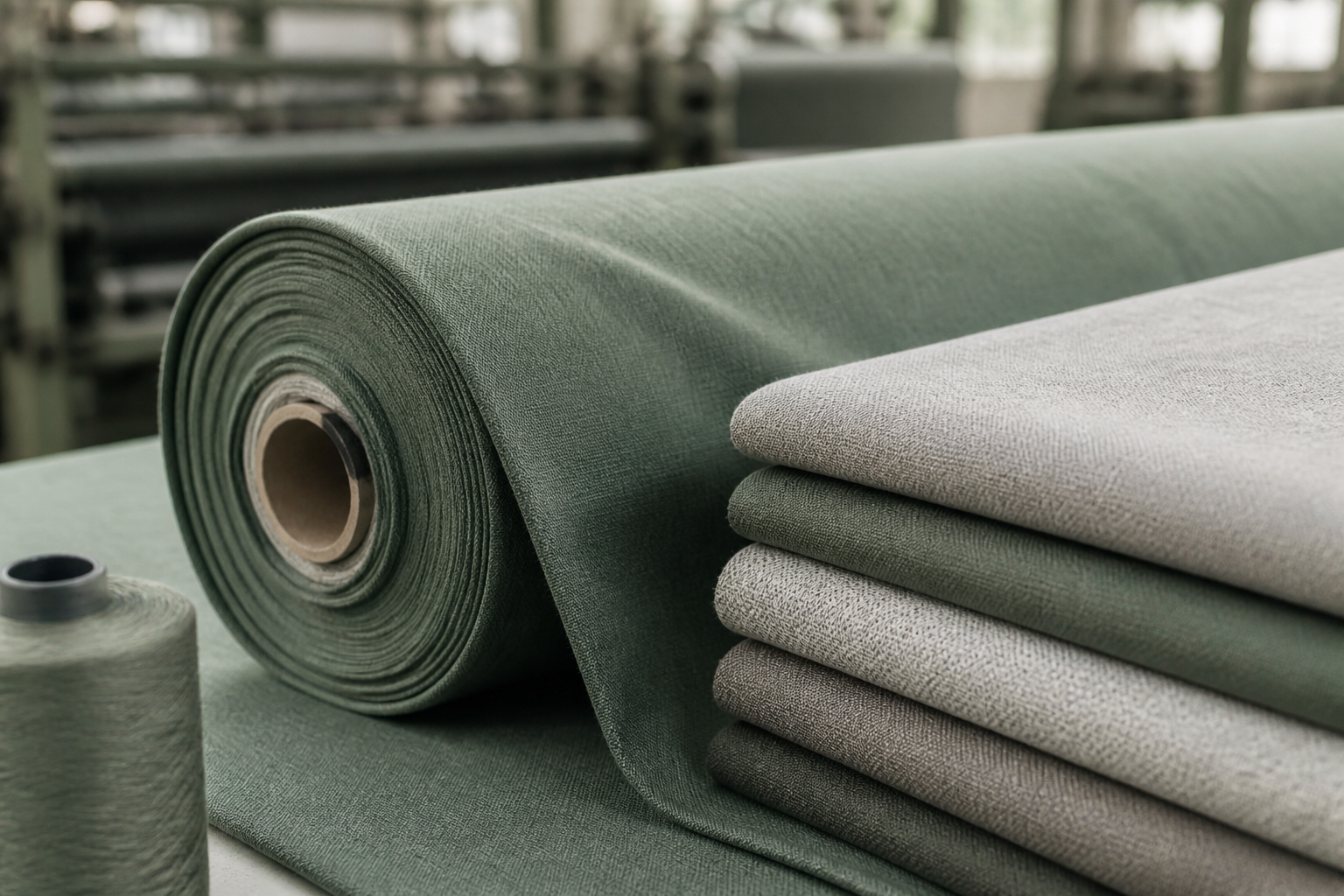Recycled polyester fabric roll in textile factory - rPET sustainable fabric wholesale