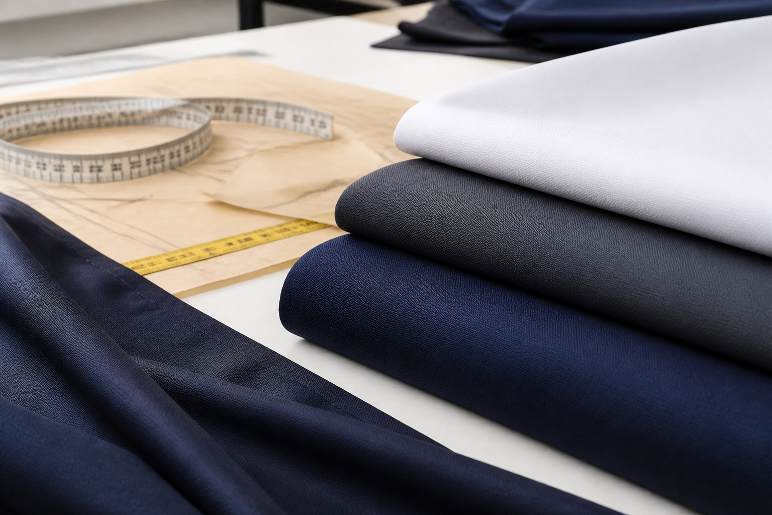 Polyester uniform fabric samples with tailoring tools - workwear fabric wholesale