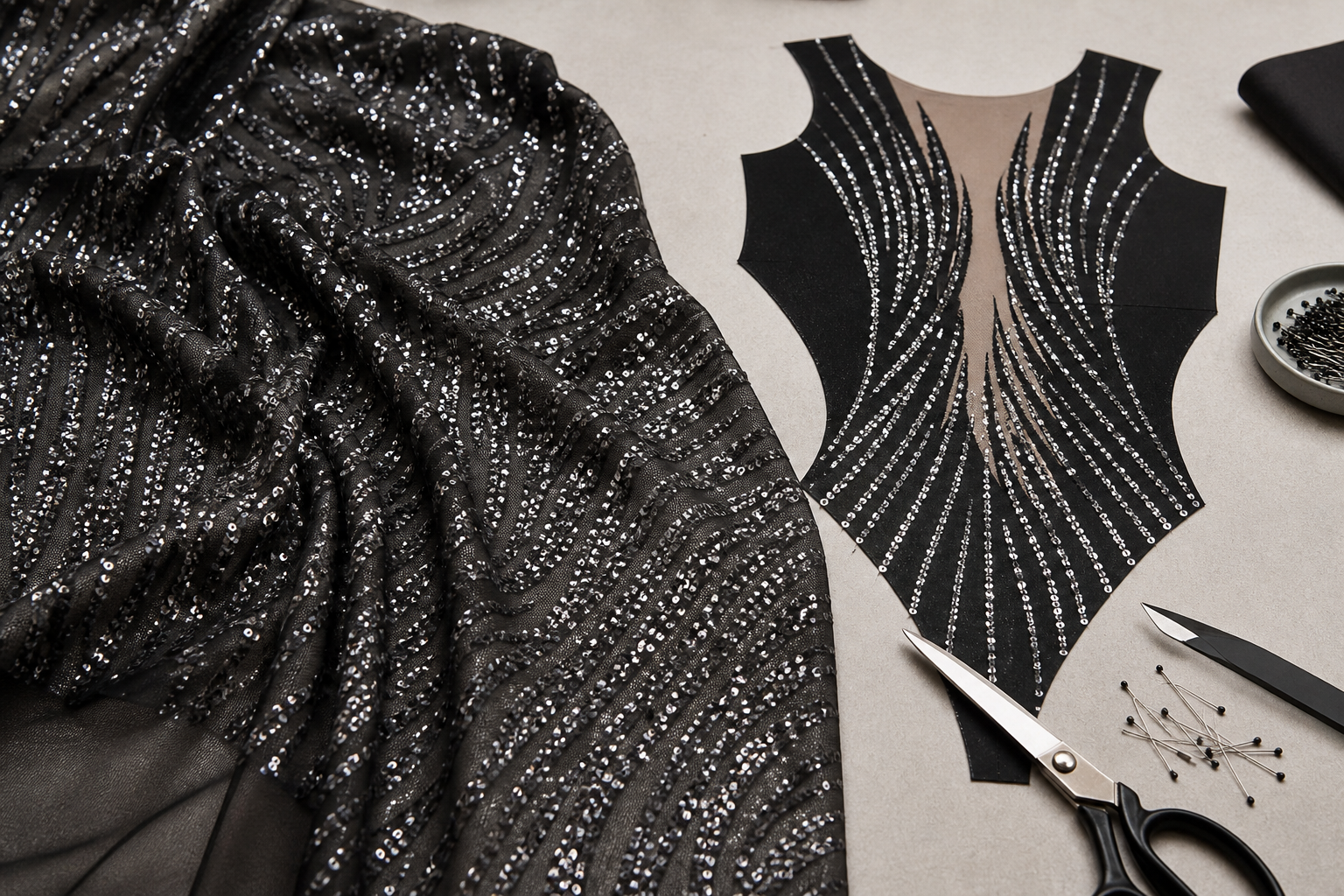 Glitter mesh sequin fabric for SS27 fashion and performance textile sourcing